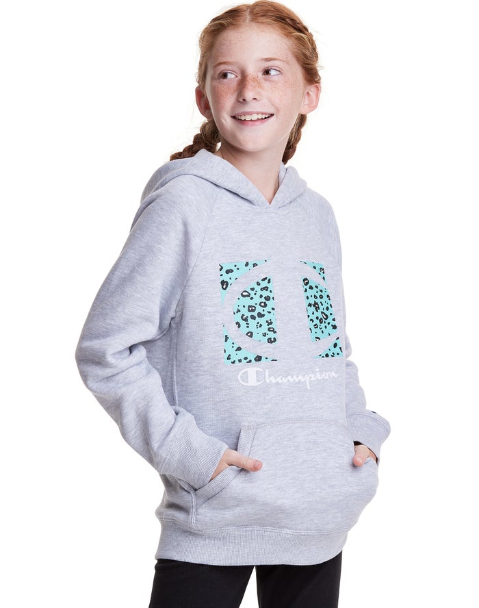 Champion Girls Hoodie NZ - Fleece Raglan Leopard Knockout Logo Grey ( 2938-CDRWM )